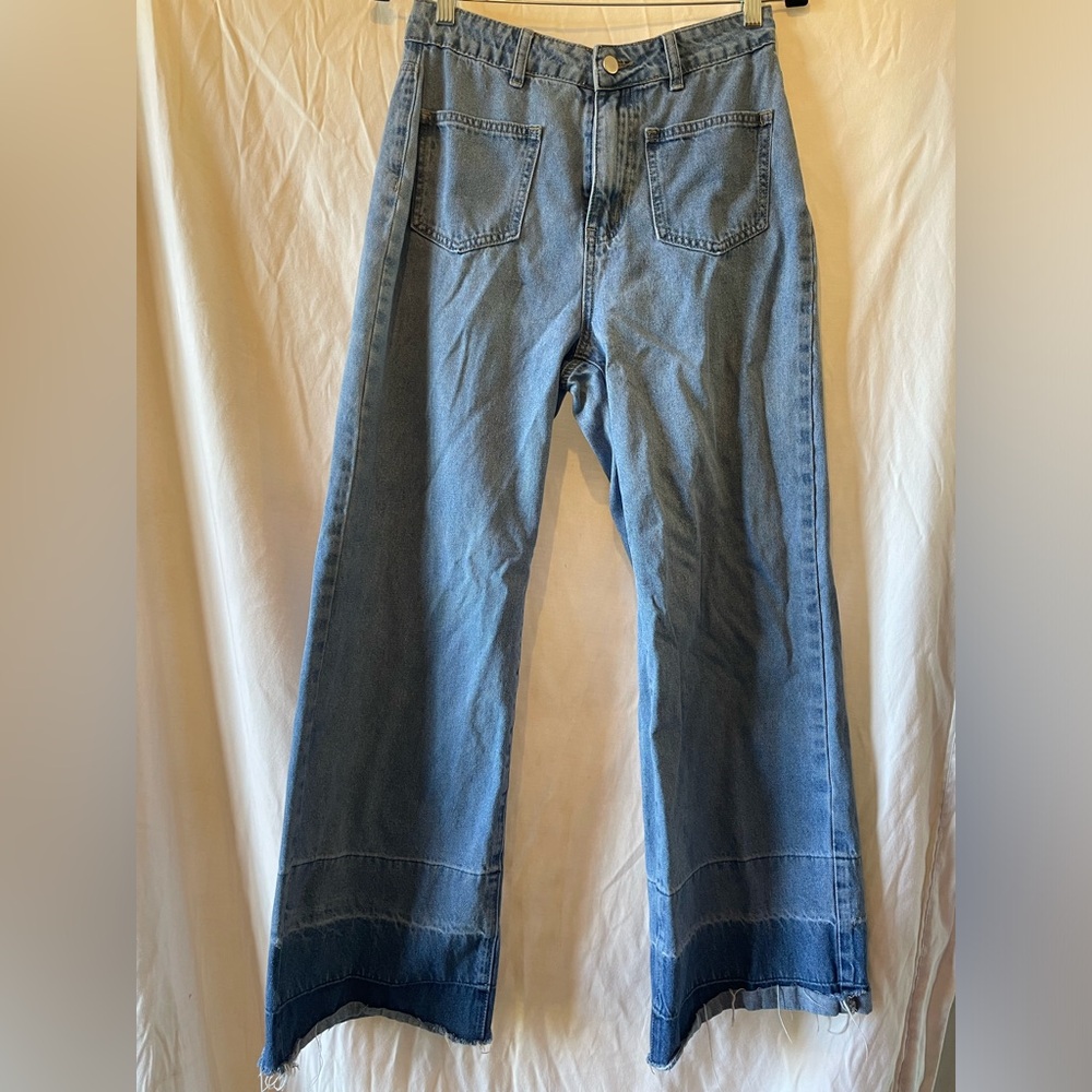 Cider Wide Leg High Rise Jeans Womens Size M Blue Dip Dye Frayed Hem‎ Denim